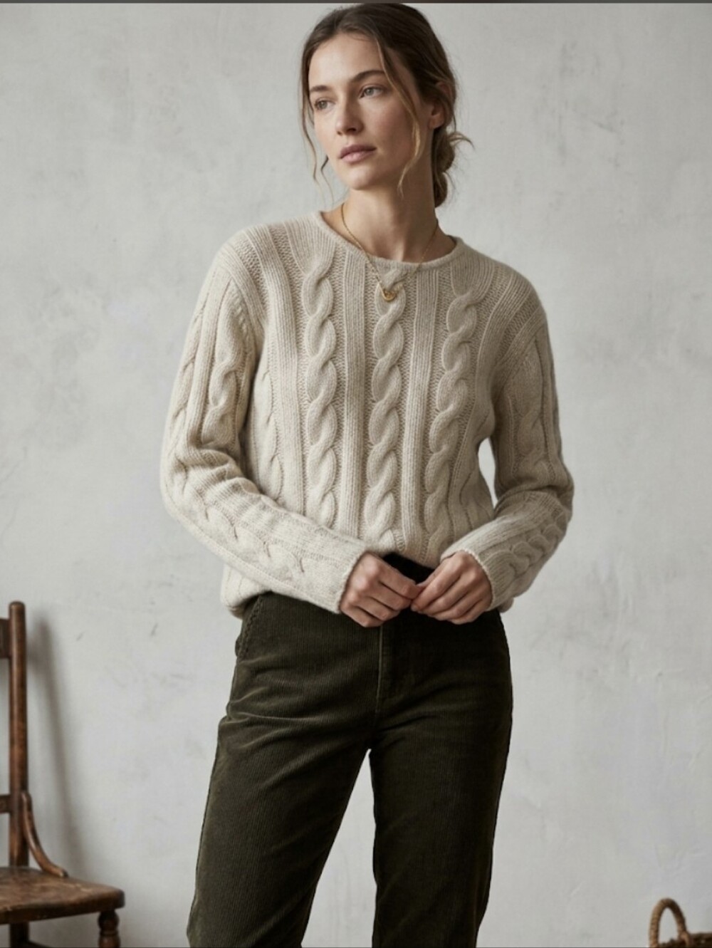 Vintage L.L. Bean Cream Cable-Knit Crewneck Sweater 100% Cashmere Size Large